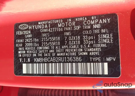 2024 Hyundai Kona Sel из США, поврежденный, VIN KM8HBCAB2RU136386